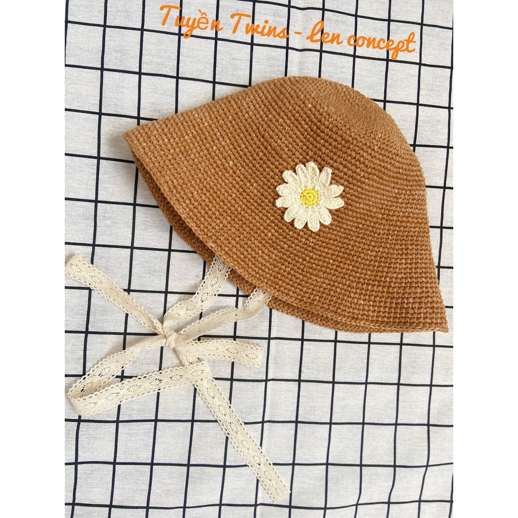 Nón len đan thủ công - Sợi AIRY- có kết cúc họa mi và dây ren xinh xắn