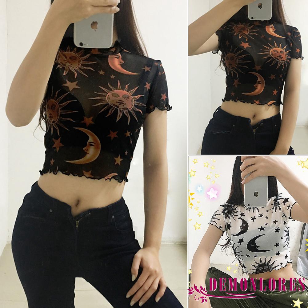 Áo Croptop Phối Lưới Tay Ngắn Họa Tiết Thần Thoại Cho Nữ