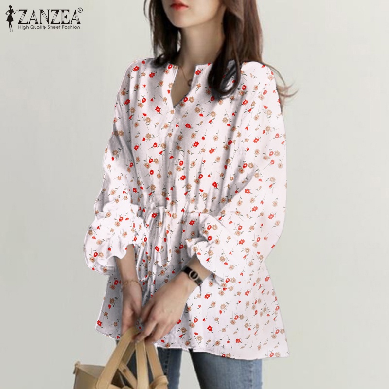 Áo kiểu Zanzea tay phồng cổ chữ V lưng thun rút dây co giãn in hoa thời trang cho nữ