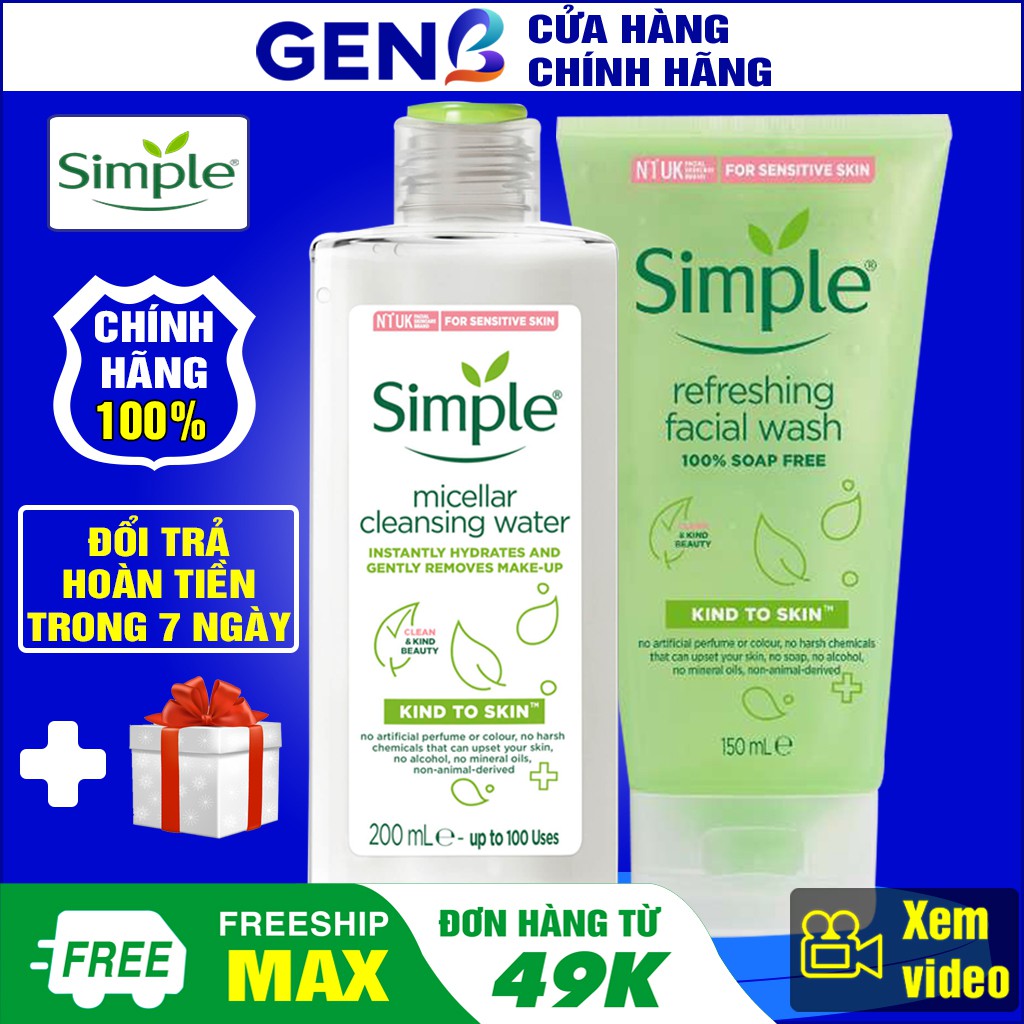 Sửa Rửa Mặt Simple CHÍNH HÃNG + Nước Tẩy Trang Simple cho Da Nhạy Cảm Dầu Mụn Combo Simple Skincare Srm Sữa Rửa Mặt GENB
