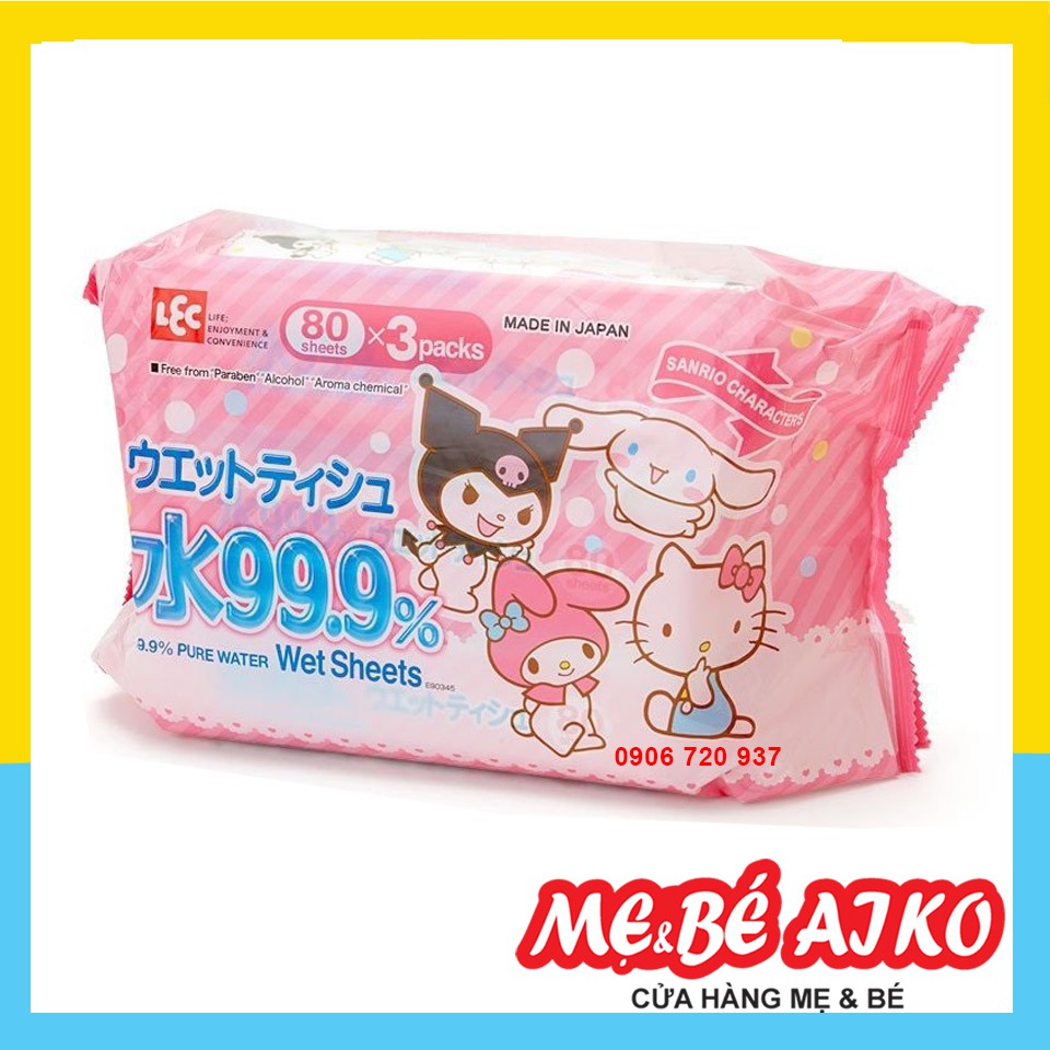 [Combo 3 gói] Khăn Ướt LEC tinh khiết 99.9% Sanrio E90345 nội địa nhật  (80 tờ/gói x 3 gói)