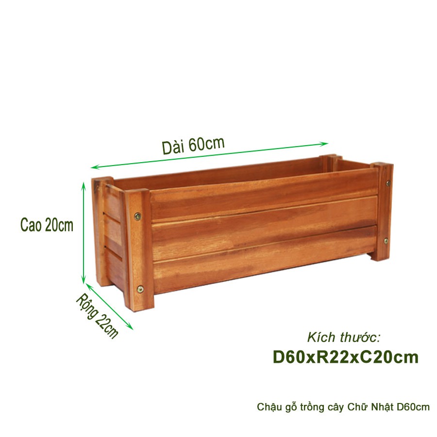 Bộ 2 Chậu gỗ trồng cây, chữ nhật D60xR22xC20cm, gỗ tràm chịu nước, tặng 2 hộp dưỡng hoa tươi lâu |Greenhome