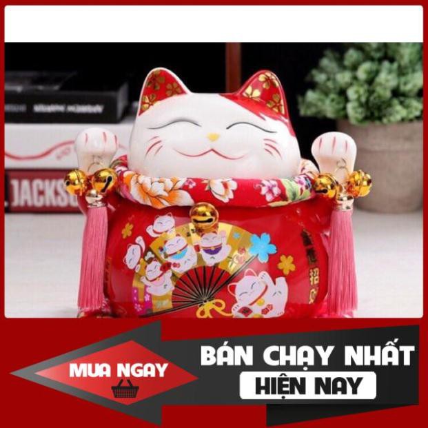 [SP BÁN CHẠY] Mèo Thần Tài đỏ giơ 2 tay-Đa Phú Quý 18cm kèm thảm