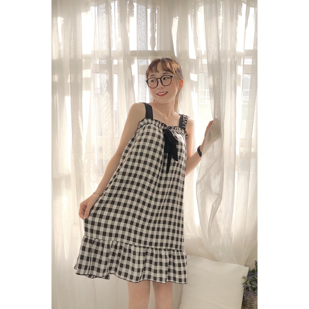 Đầm 2 dây thắt nơ Kro , họa tiết caro 4 màu - Chất liệu siêu nhẹ ( Đầm Kro ) VD-03