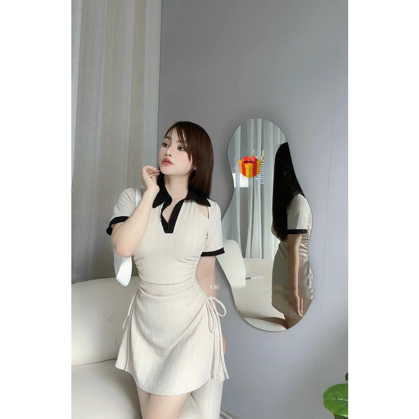 Đầm body nữ tay ngắn cổ bẻ có gài nút chất thun ngân dáng ngắn phối dây rút sườn