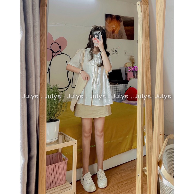 [Mã FAGREEN245 giảm 10% tối đa 30K đơn 99K] Set áo babydoll cổ 3 nơ và chân váy ngắn (ảnh thật shop chụp kèm video) | BigBuy360 - bigbuy360.vn