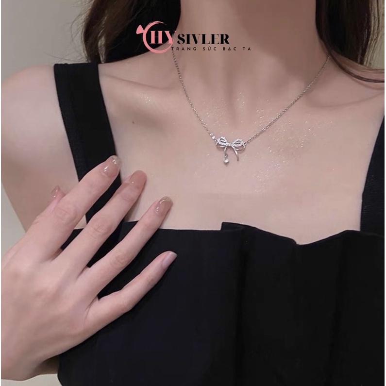 Dây chuyền bạc ta nơ kép nạm đá đính đá rơi nữ tính dây chuyền nữ bạc thật
