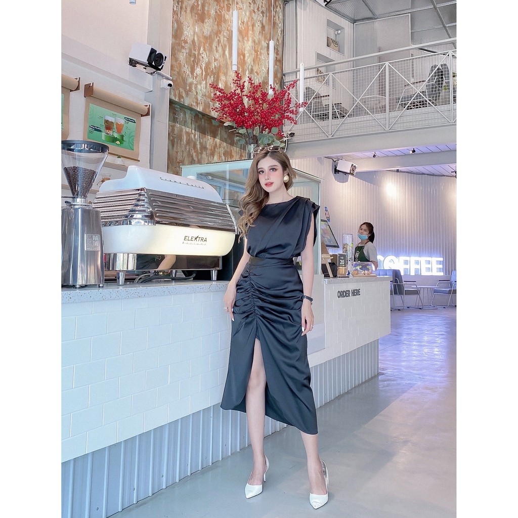 Đầm dự tiệc cột eo xẻ tà quyến rũ lụa hàn châu màu đen - màu trắng - DA002 | BigBuy360 - bigbuy360.vn