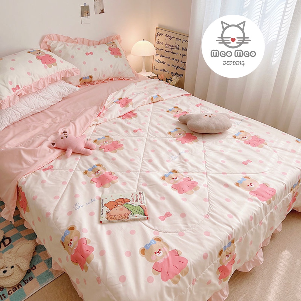 Bộ Chăn Ga Gối Cotton Bèo Chăn Hè Trần Bông Meo Meo Bedding - Nỉ 🦋 Thêu Cao Cấp - Nỉ Mịn Cao Cấp