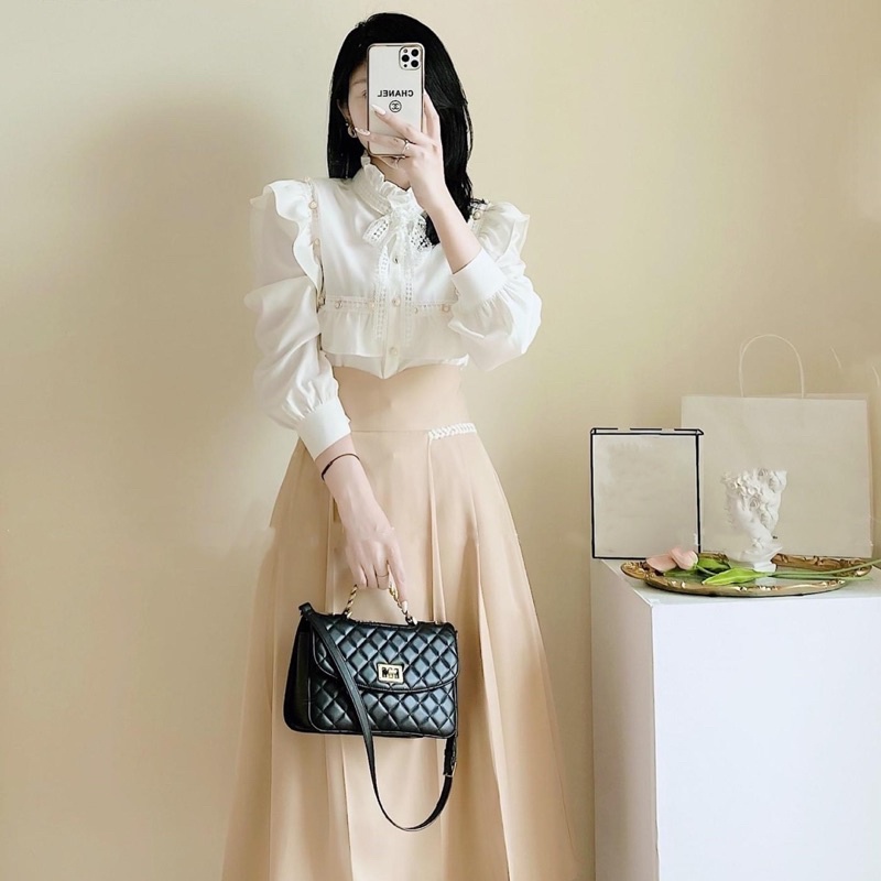 [MÃ DUONHA GIẢM 10% TỐI ĐA 10K ĐƠN TỐI THIỂU 700K]Áo Sơ Mi Nữ Trắng Dài Tay Cổ Kiểu Bèo Nơ Hàng Thiết Kế Cao Cấp