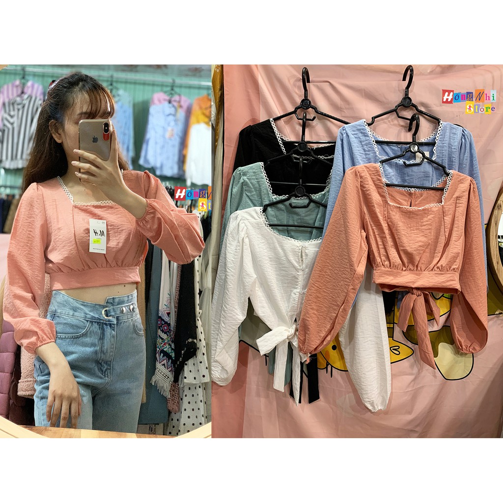 Áo Croptop Thắt Nơ Lưng Tay Phồng, Áo Kiểu Lửng Ulzzang TT