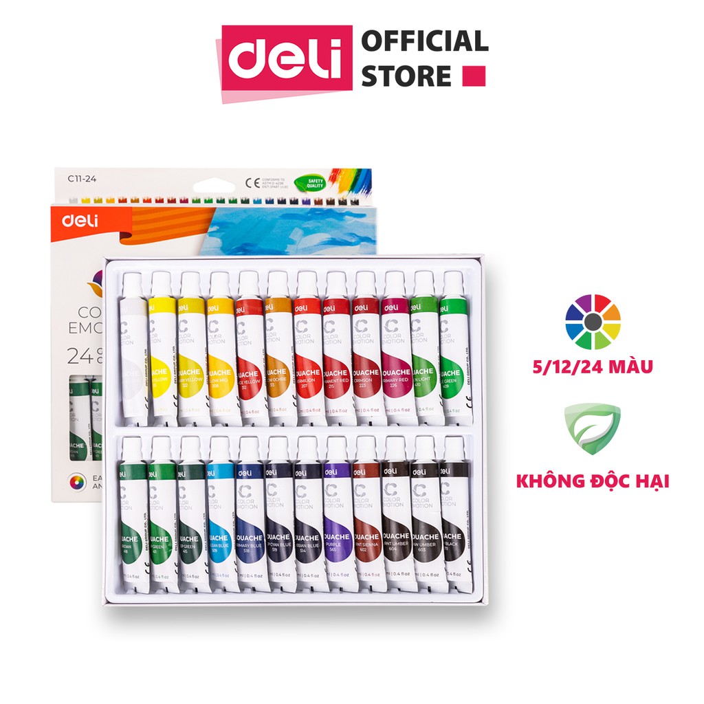  Màu bột Gouache dạng tuýp 12ml Deli - 5/12/24 màu - 1 hộp - EC11