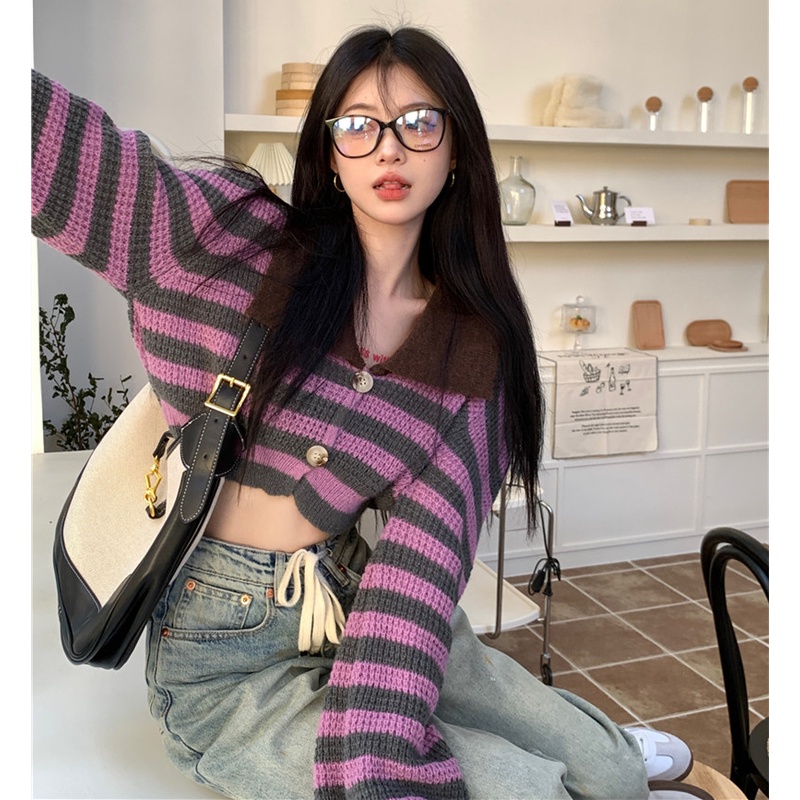 Áo Khoác Cardigan Dệt Kim Cổ polo Họa Tiết Kẻ Sọc Màu Tương Phản Thời Trang