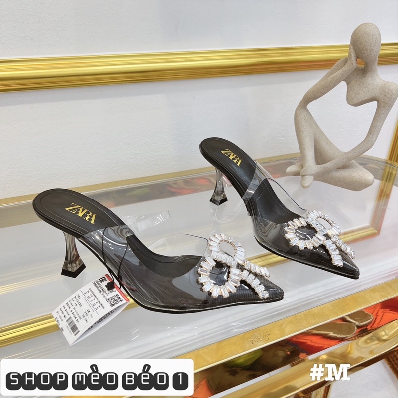 Sandal zara mica trong nơ đá mũi nhọn xuất dư gót nhọn fullbox