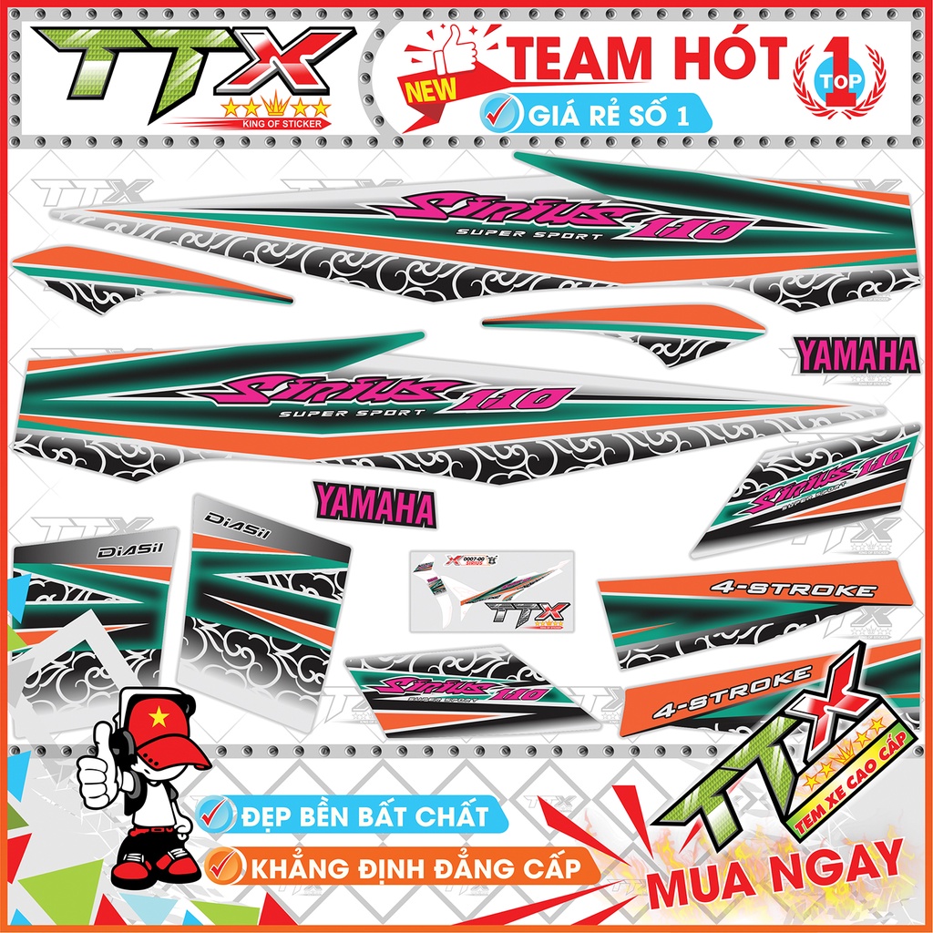 Tem rời sirius hoa văn xoắn , Team chế sirius dán xe màu đen nền bạc tuyệt đẹp , Shop TTX Tem xe sirius mã