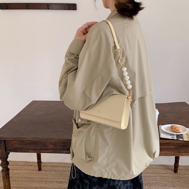 Túi xách đeo vai màu trơn dây đeo phối ngọc trai và dây xích thời trang thanh lịch