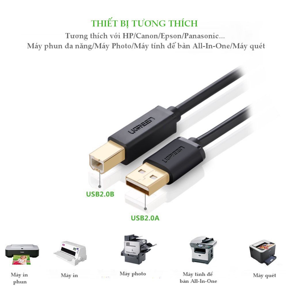 Dây máy in USB 2.0 dài 1m - 5m mạ vàng UGREEN US105 (10350,20847,10351,10352) - Phukienleduy