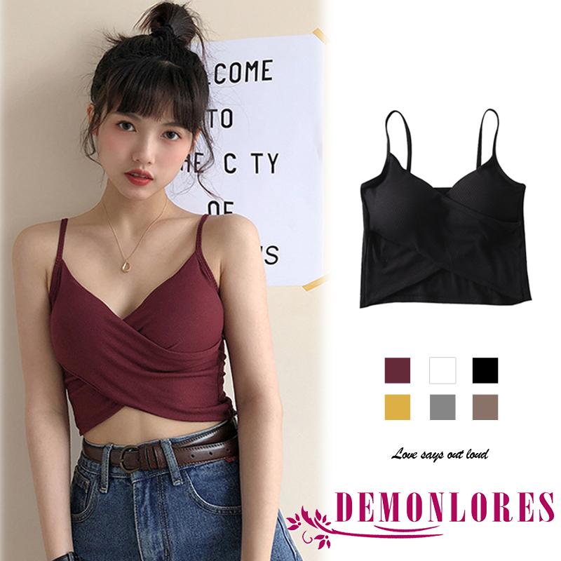 Áo hai dây cổ chữ V khoét sâu croptop bằng len tăm gân có đệm mút gợi cảm quyến rũ cho nữ