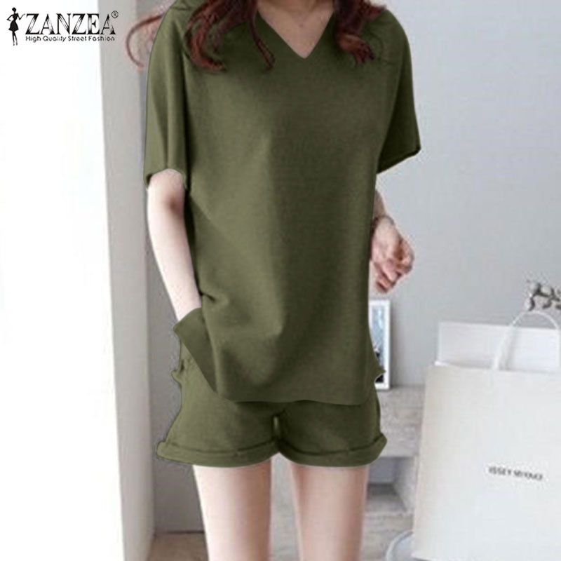 Set đồ Zanzea gồm áo thun ngắn tay cổ tim và quần short ống rộng thời trang dành cho nữ
