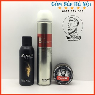 COMBO Gôm Xịt Tóc Phủ Cứng 8+ Spray + SÁP VUỐT TÓC FASHION CLAY + Xịt khử mùi X-Men For Boss