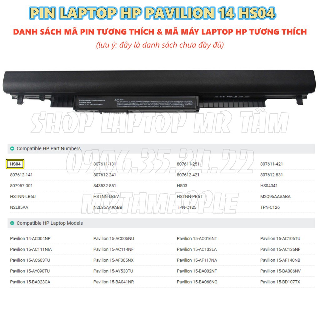 Pin Laptop HP PAVILION 14 (HS04) - 4 CELL - HP 240 G4  245 G4  250 G4  255 G4  Pavilion 14 ac000  14 af000 15 ac000