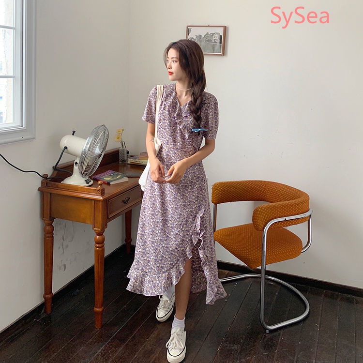 Đầm Voan Tay Ngắn Phối Bèo Thiết Kế Xẻ Tà Phong Cách Pháp Thanh Lịch Cho Nữ