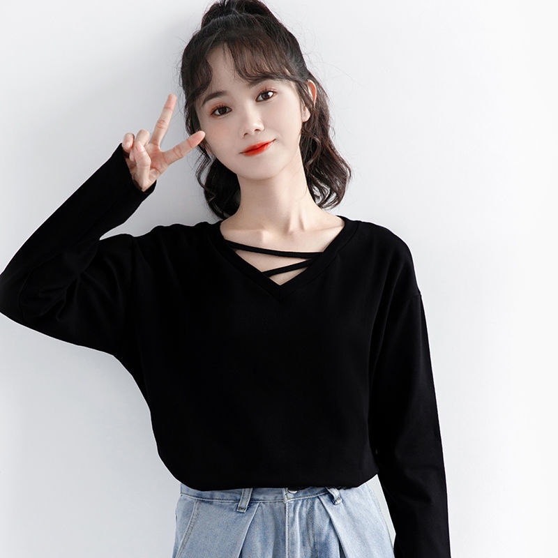 Áo thun dài tay cổ chữ v có cổ chữ v thuần túy không thường xuyên cho phụ nữ, thiết kế có cảm giác nhỏ, áo sơ mi có đáy