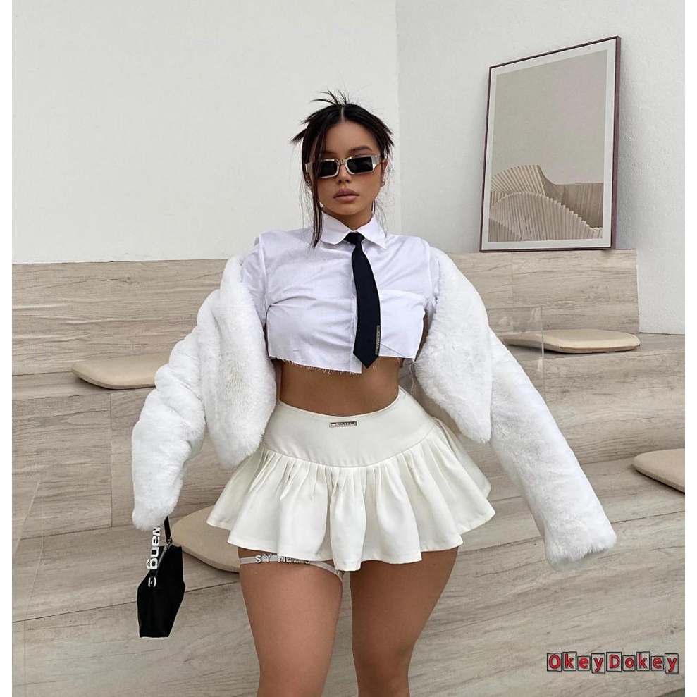 Odokey-y2k Chân Váy Mini Lưng Cao Xếp Ly Siêu Ngắn Màu Trắng Vintage Hàn Quốc Kawaii Thời Trang Cho Nữ Đi Club Đêm