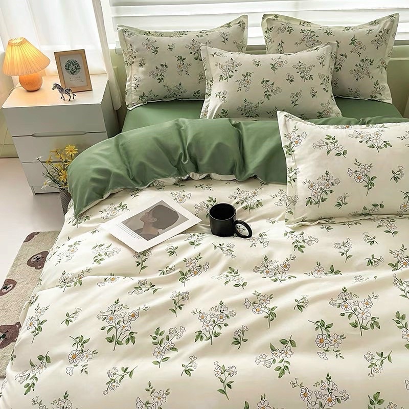 BỘ CHĂN GA GỐI COTTON POLY NHẬP KHẨU 100% ( CHĂN ĐÃ TRẦN BÔNG) HỌA TIẾT HOA NHÍ XANH - ĐỦ KÍCH THƯỚC