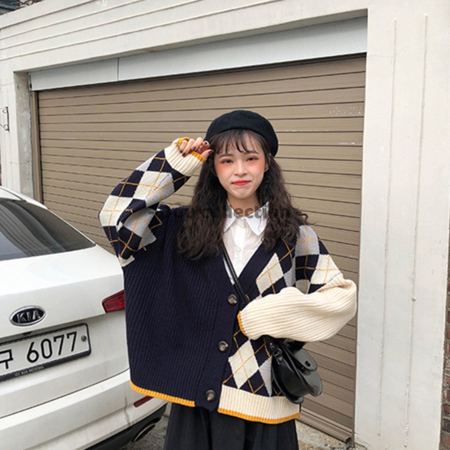 [Nowship2h] Áo Khoác Cardigan Form Rộng Họa Tiết Caro, Áo Khoác Len Thời Trang Thu Đông - Mã TA041