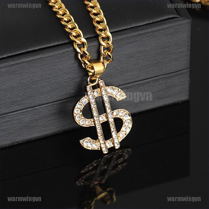 Gold Plated Crystal Dollar Sign Pendant Necklace Gangster Pimp Hip Hop Chain ingvn