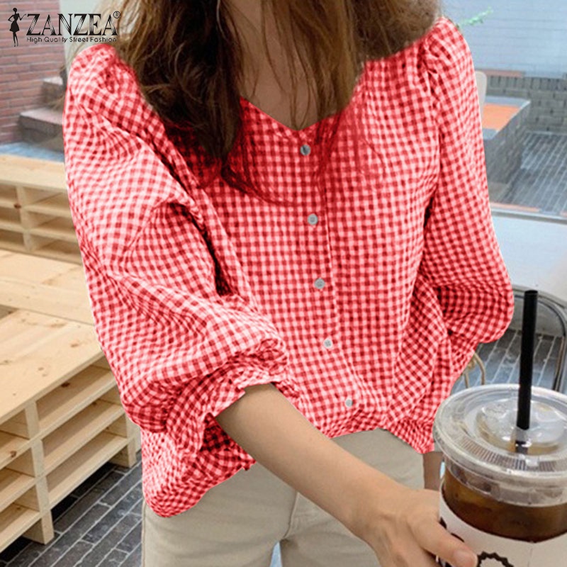 Áo sơ mi ZANZEA tay lửng dáng rộng họa tiết kẻ sọc phong cách vintage thời trang cho nữ