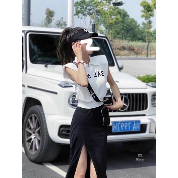 Xả hàng - Áo len mỏng Polo dáng croptop, Áo len kiểu in chữ vai hến AL6037 - NhiNhi Shop