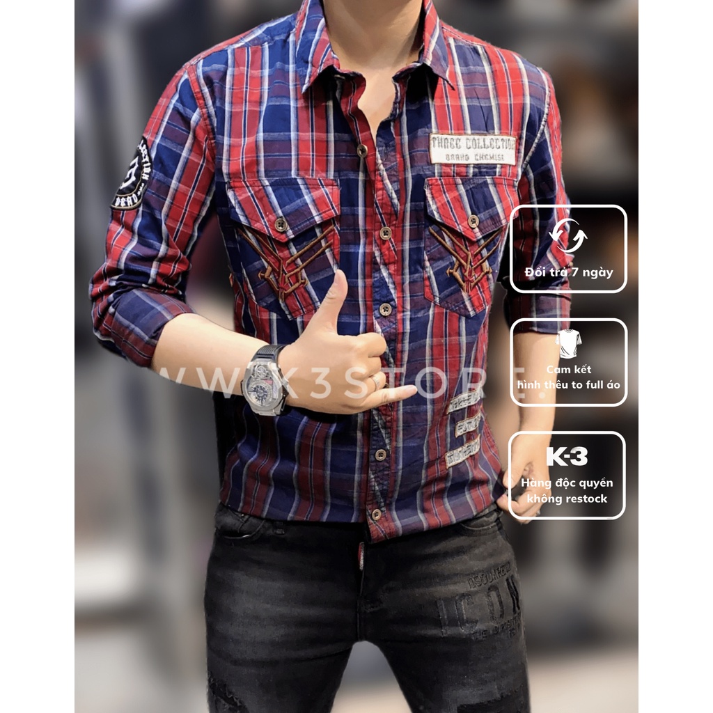 Áo sơ mi nam tay dài caro wash loang đỏ 2 màu thêu logo three club hàng local brand K3 STORE S2456