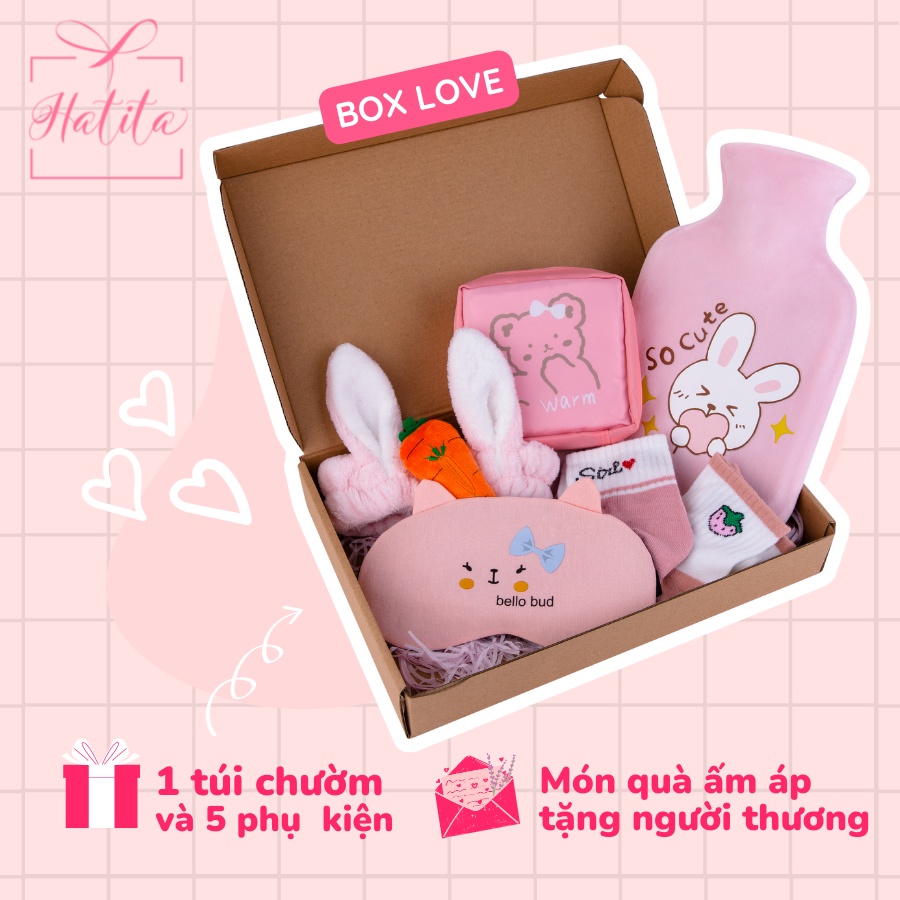 Set quà túi chườm nóng đau bụng kinh HATITA 1000ml phiên bản giftbox chăm bạn gái quà tặng sinh nhật