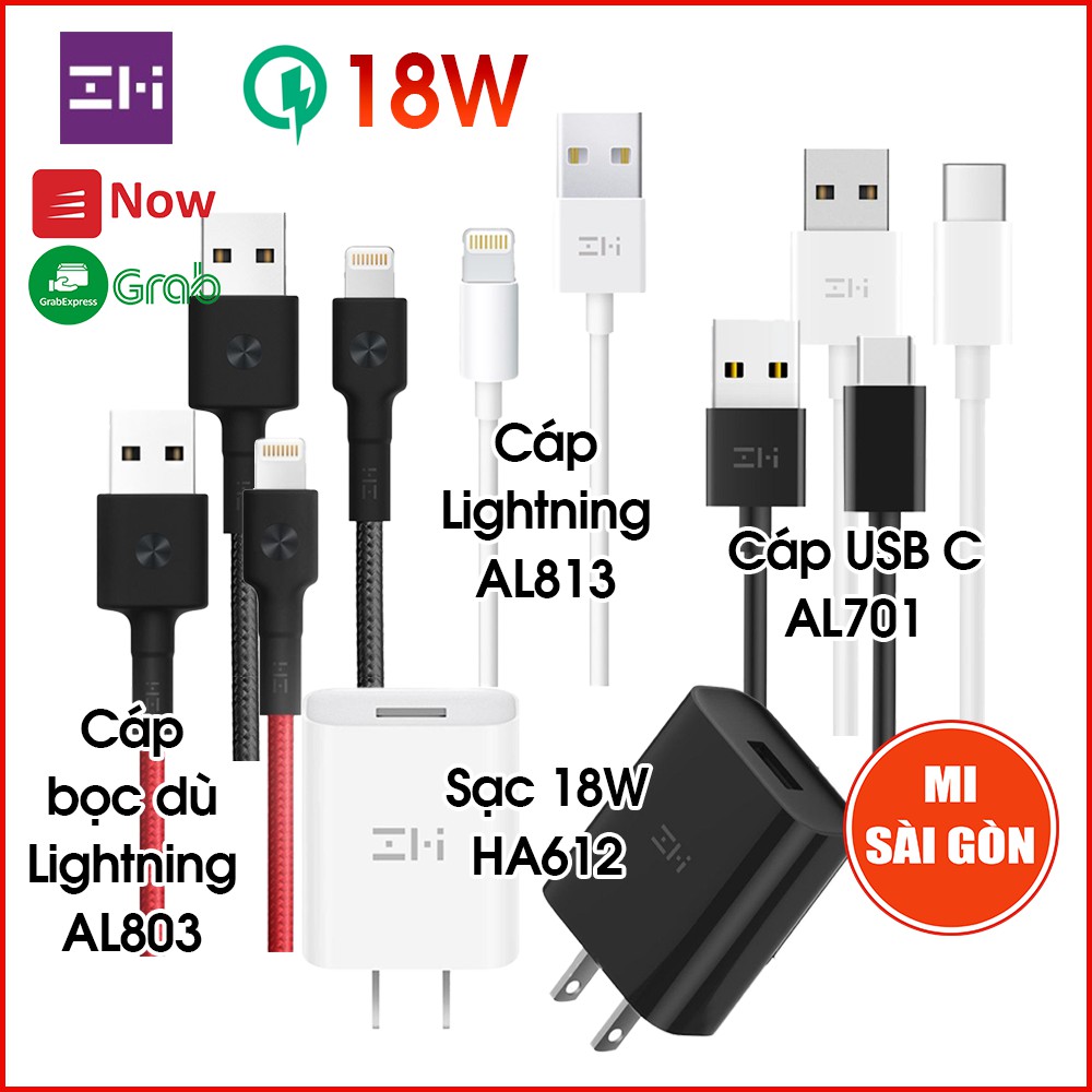 Củ sạc ZMI HA612 18W; Cáp Type C 3A AL701; Cáp Lightning 1m AL803, AL813 - Hỗ trợ Sạc Nhanh Cho iPhone , Android