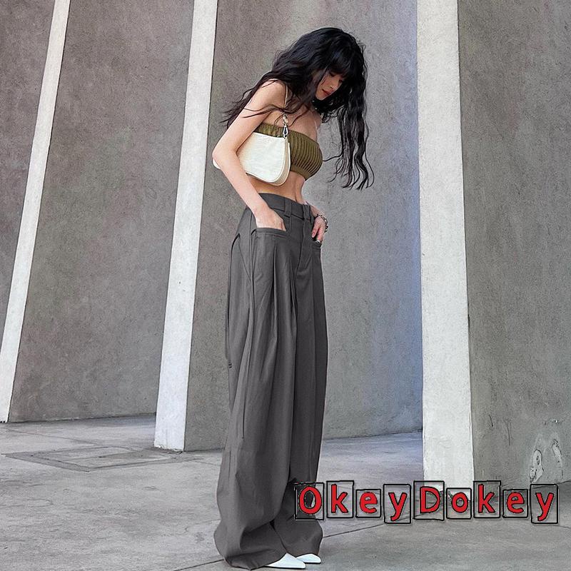 Quần ống rộng Màu Trơn Phối Túi Phong Cách Đường Phố Cá Tính Cho Nữ