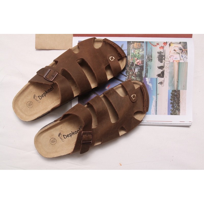 Dép bít mũi đế trấu birken da bò thật unisex nam nữ