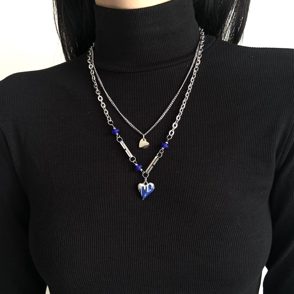 Dây Chuyền Hai Lớp Mặt Hình Trái Tim Màu Xanh Dương Phong Cách Hip Hop 19A1416ins