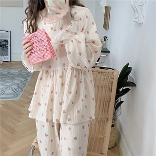 Bộ đồ ngủ dài tay babydoll tiểu thư xô muslin, mẹ bầu mặc thoải mái