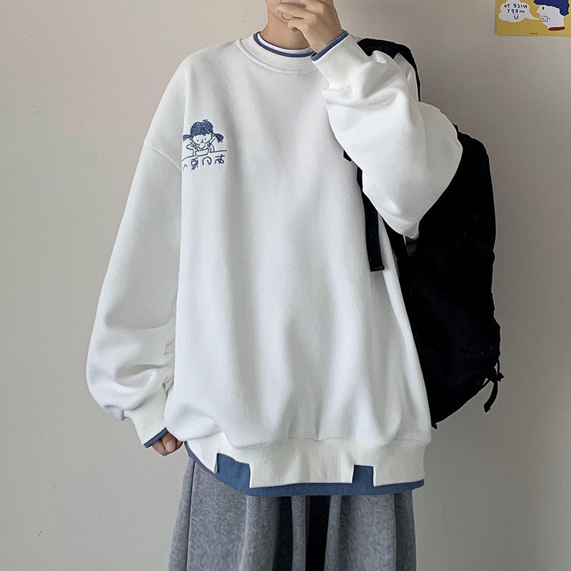 Áo Sweater Cổ Tròn Unisex Dáng Rộng, Áo Dài Tay Nỉ Bông 2 Màu Phong Cách Độc Lạ