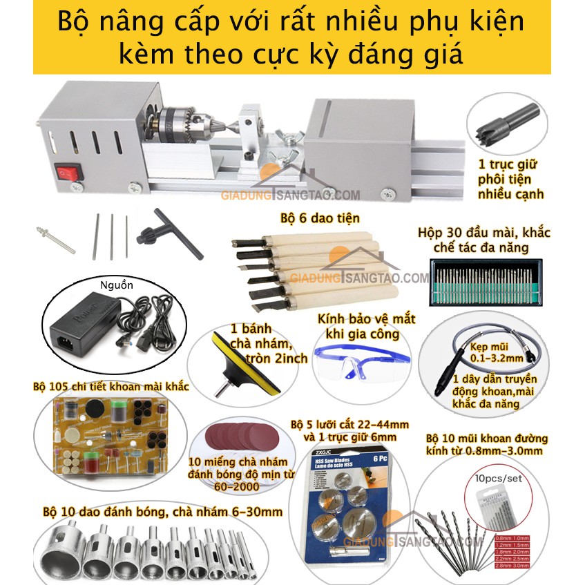 Máy tiện gỗ mini kiêm cắt, mài, đánh bóng