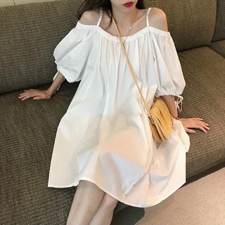 Váy trắng suông trễ vai 2 dây tay thắt nơ [ Ảnh thật 3-9]