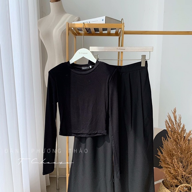 Set bộ thun áo croptop tay dài kèm quần culotes sang chảnh