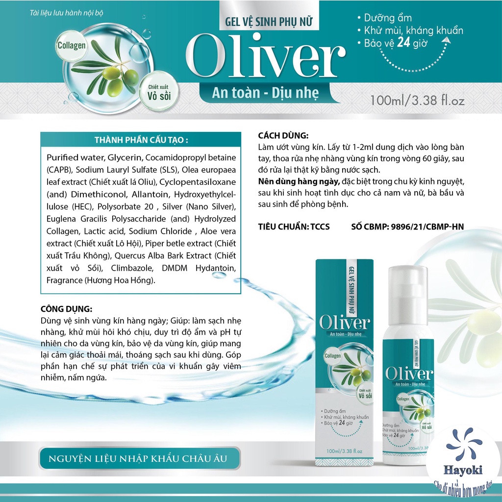 Gel dung dịch vệ sinh phụ nữ Oliver, Làm sạch nhẹ nhàng, khử mùi hôi, duy trì độ ẩm