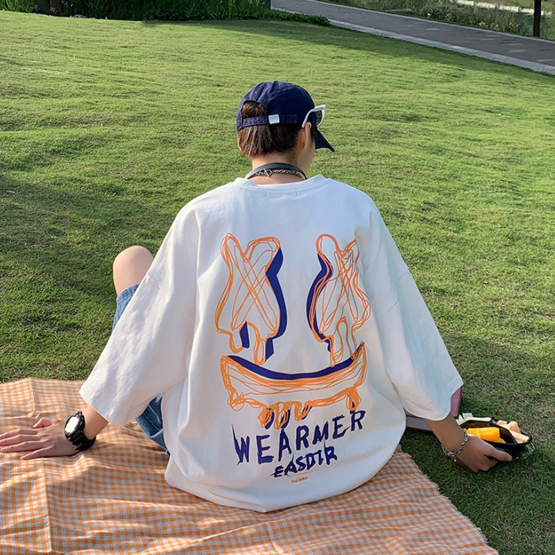 Áo thun tay ngắn cổ tròn dáng rộng in họa tiết graffiti phong cách Hàn Quốc thời trang cho nam size m-5xl