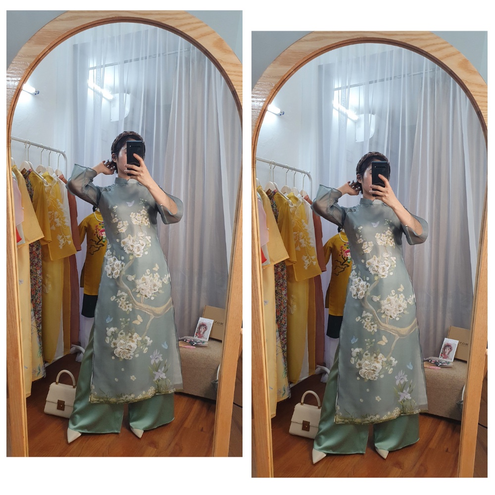 Áo Dài Cách Tân Nữ Xanh Ngọc Đào 4 Tà Đính Kết Nổi Cao Cấp