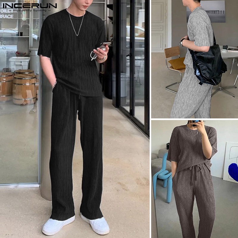 Set quần áo INCERUN gồm áo thun ngắn tay + quần dài lưng co giãn thời trang cho nam