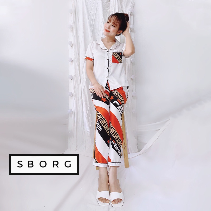 Bộ pijama lụa SBORG đồ bộ mặc nhà lụa satin họa tiết tay ngắn quần dài đẹp có túi 45-55kg quà tặng vợ và mẹ
