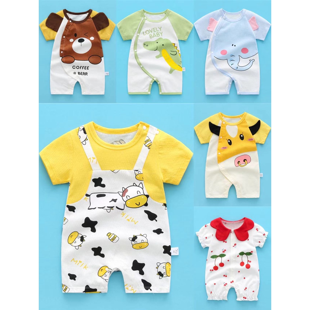 Bộ Áo Liền Quần Tay Ngắn Chất Liệu Cotton In Họa Tiết Hoạt Hình Bò Sữa Đáng Yêu Cho Bé Sơ Sinh